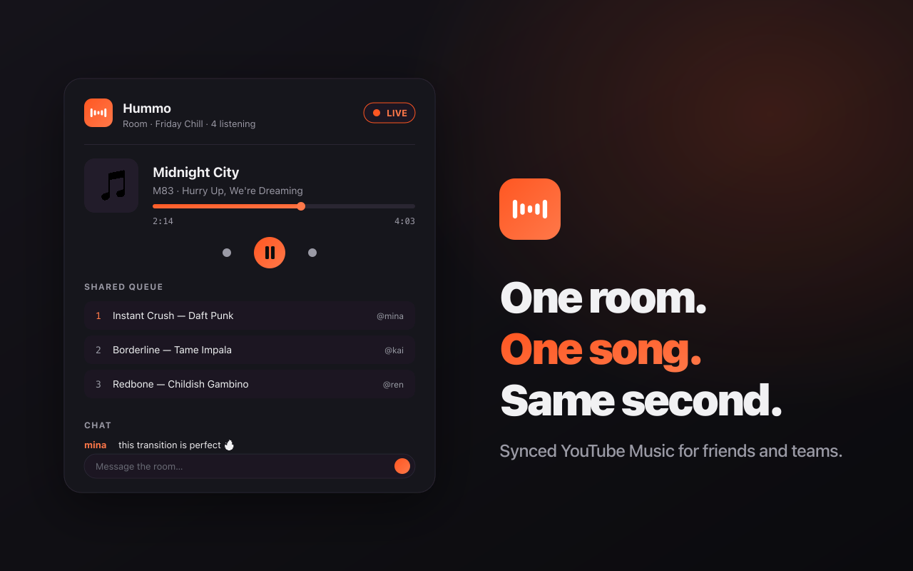 A Hummo room playing Midnight City, with a shared queue and live chat.